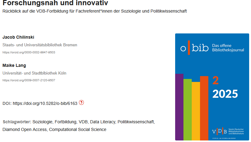 Publikation: Forschungsnah und innovativ - Rückblick auf die VDB-Fortbildung für Fachreferent:innen der Soziologie und Politikwissenschaft 